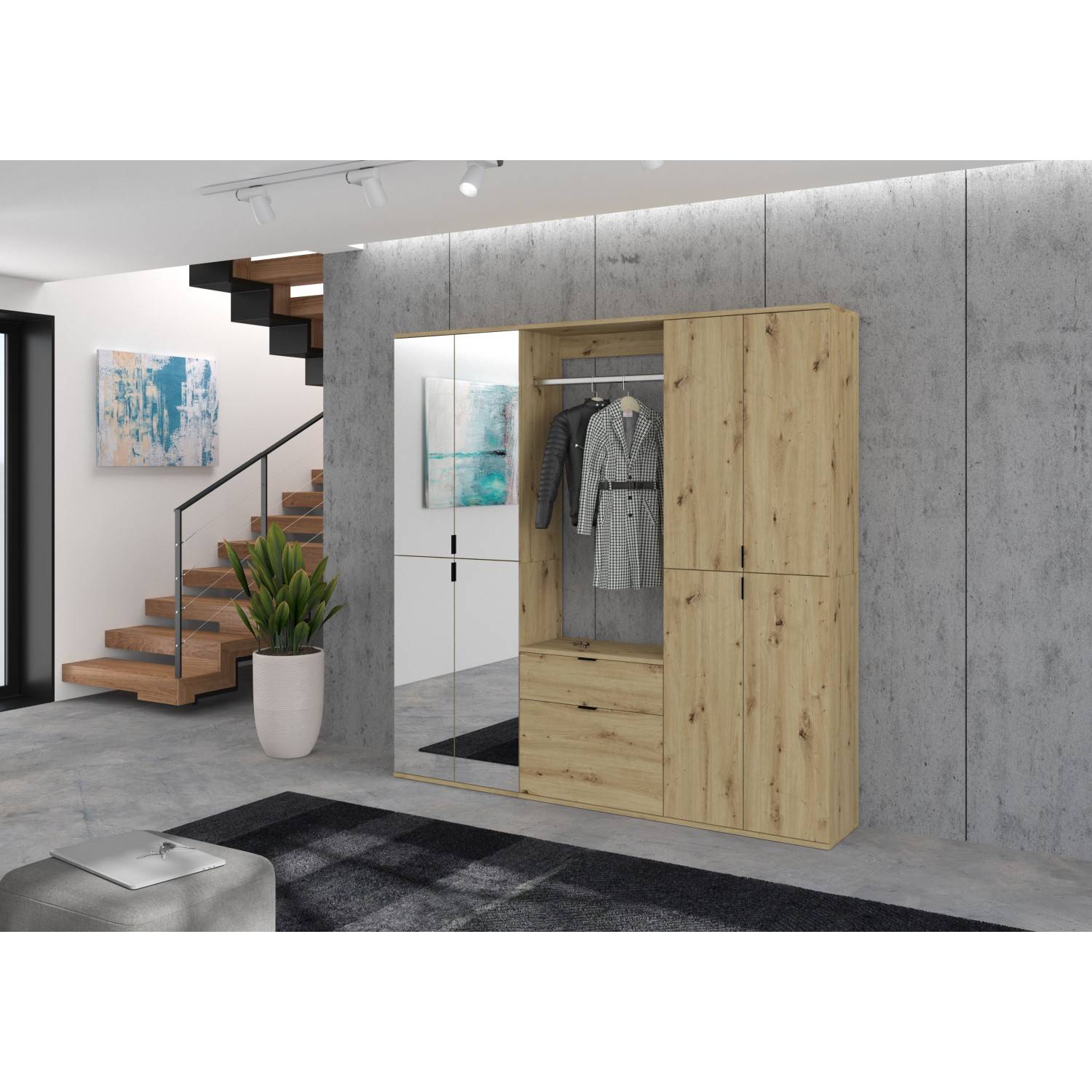 Modernes Flurgarderobenset mit Spiegelfront, Kleiderschrank und Schuhkipper mit Klappfächern – Pretty