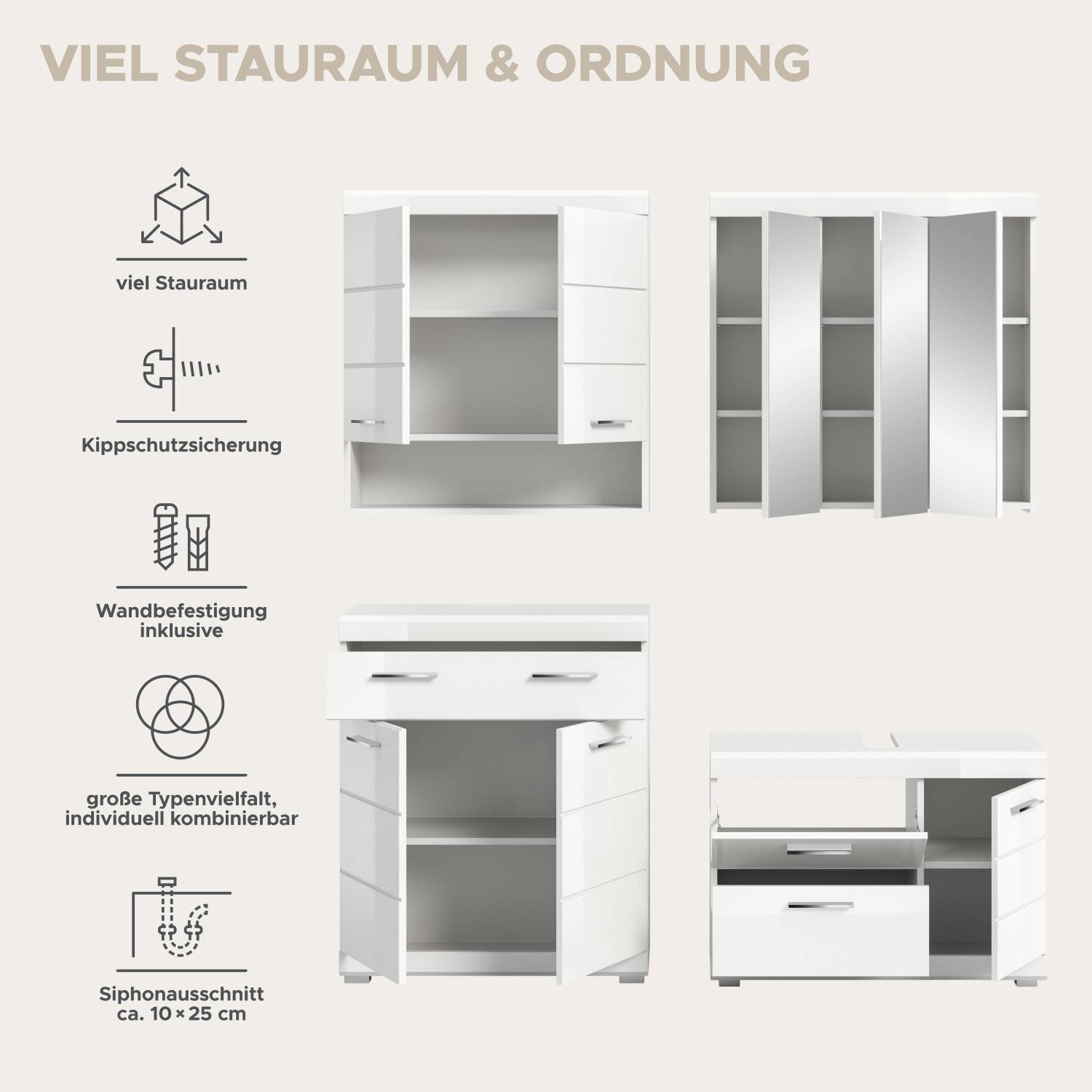 Funktionsübersicht des Badezimmersets mit viel Stauraum, Kippschutz und Siphonausschnitt für optimale Nutzung – Nanila