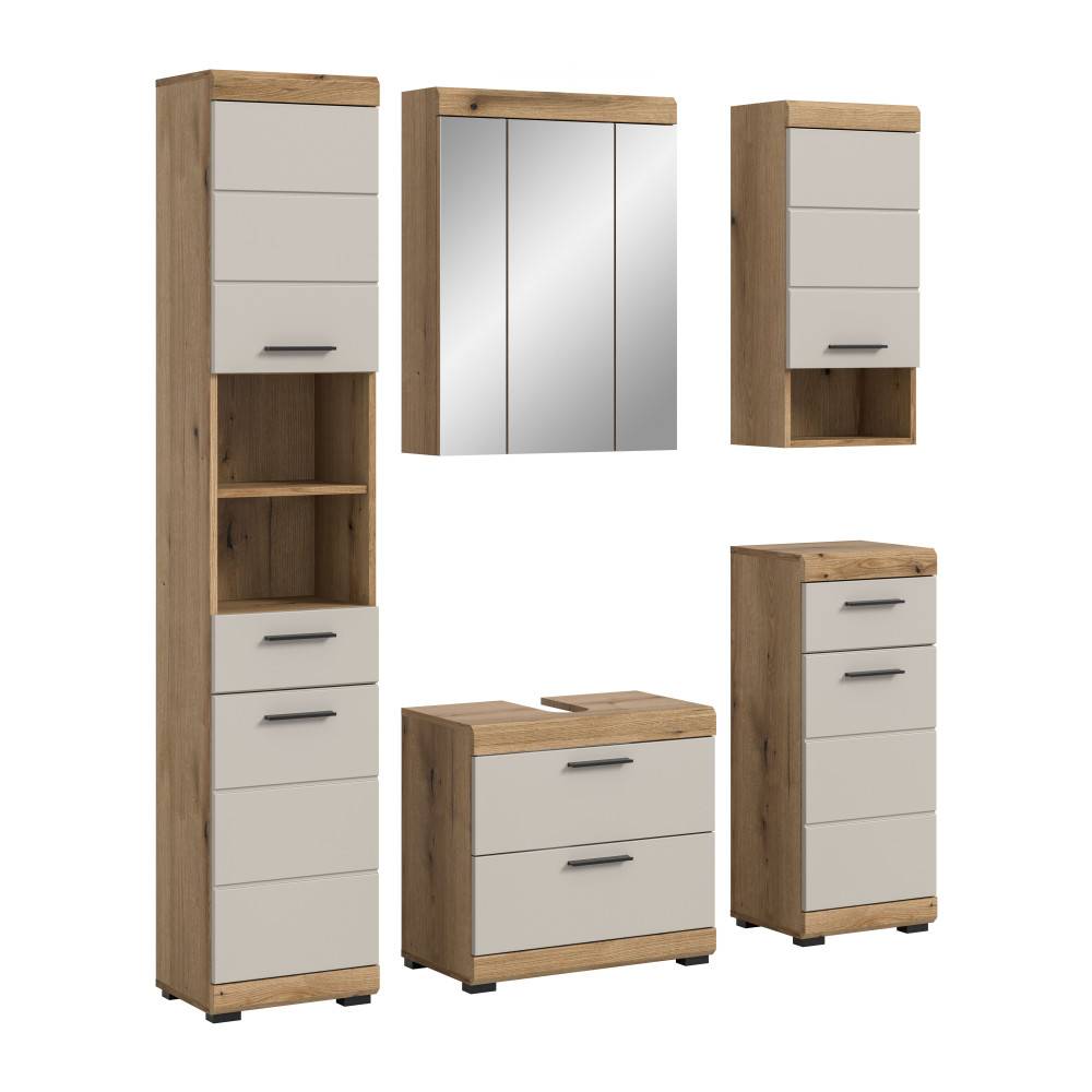 Badmöbel Komplettset freigestellt mit Hochschrank, Waschtischunterschrank, Spiegelschrank und Wandschrank – Casserra
