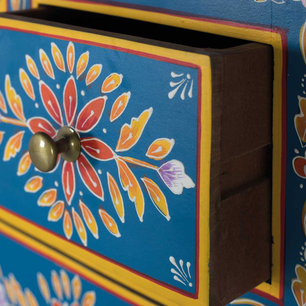 Blaues Highboard mit farbenfrohen floralen Mustern - Vonika