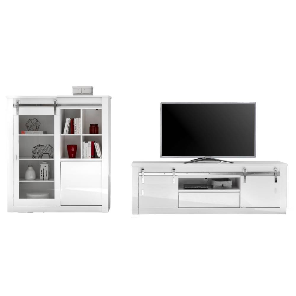 Design-Wohnwand Set zweiteilig in Hochglanz Weiß mit TV-Lowboard und Hochschrank – Memphys