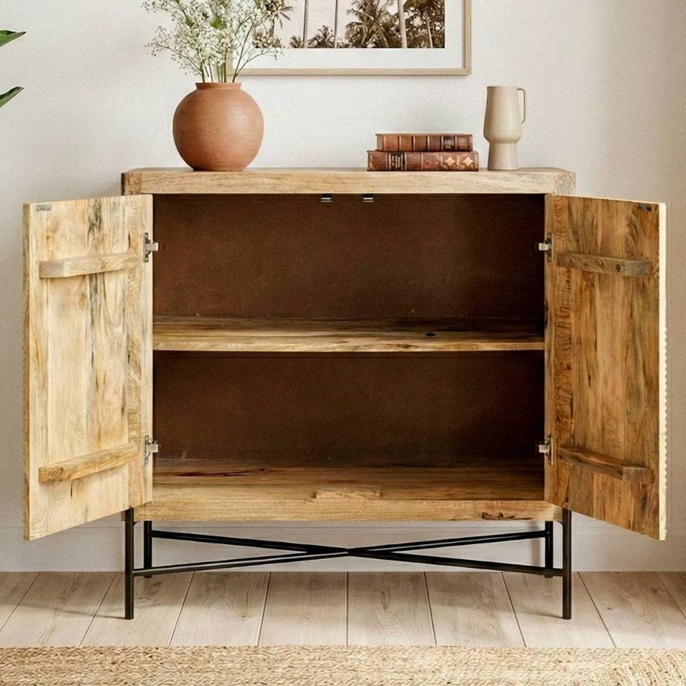 Design-Kommode aus Mangoholz mit offenen Türen und zwei Ablagefächern – Beato