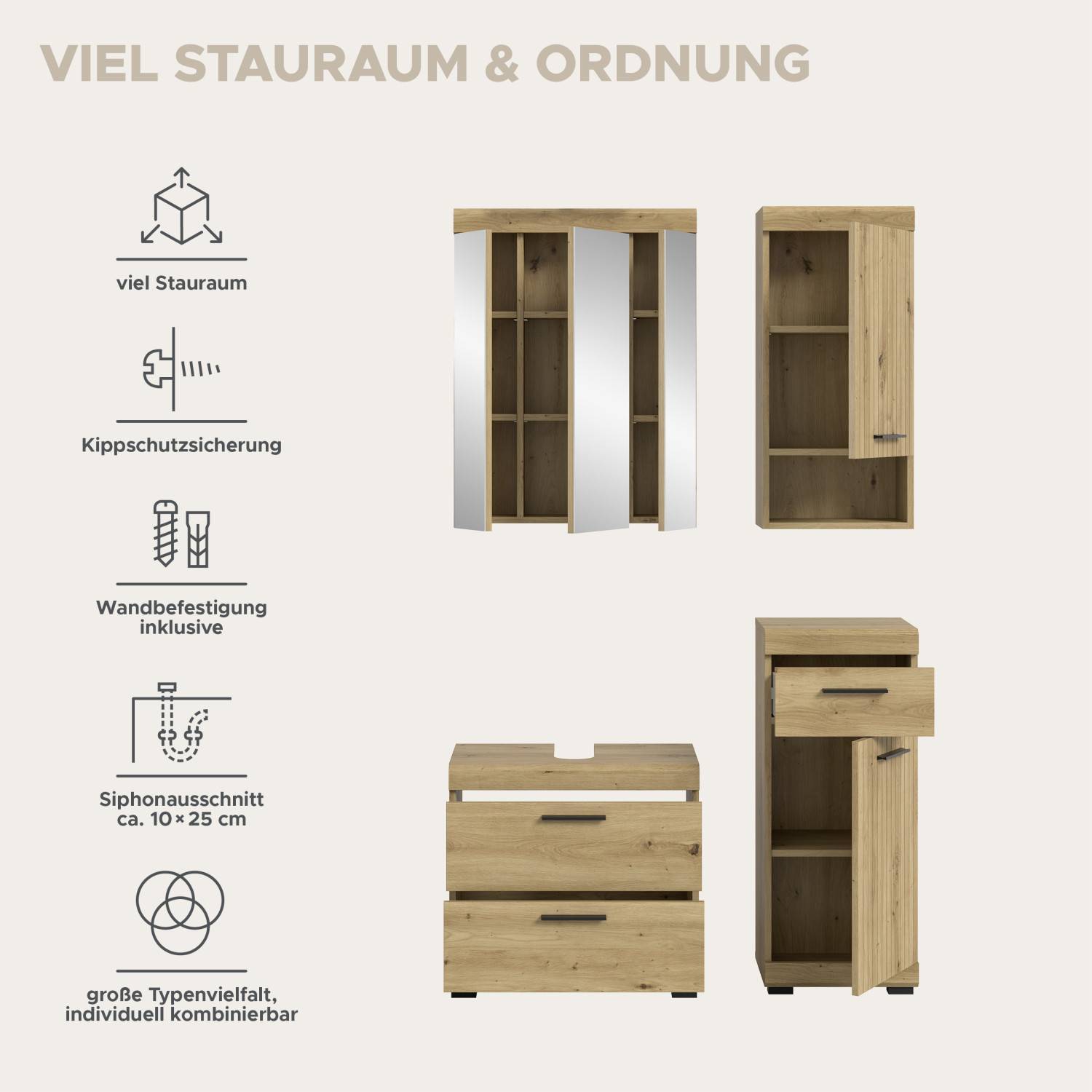 Merkmale und Vorteile vom vierteiligen Badmöbel Set mit Stauraum und Siphonausschnitt – Lasewood