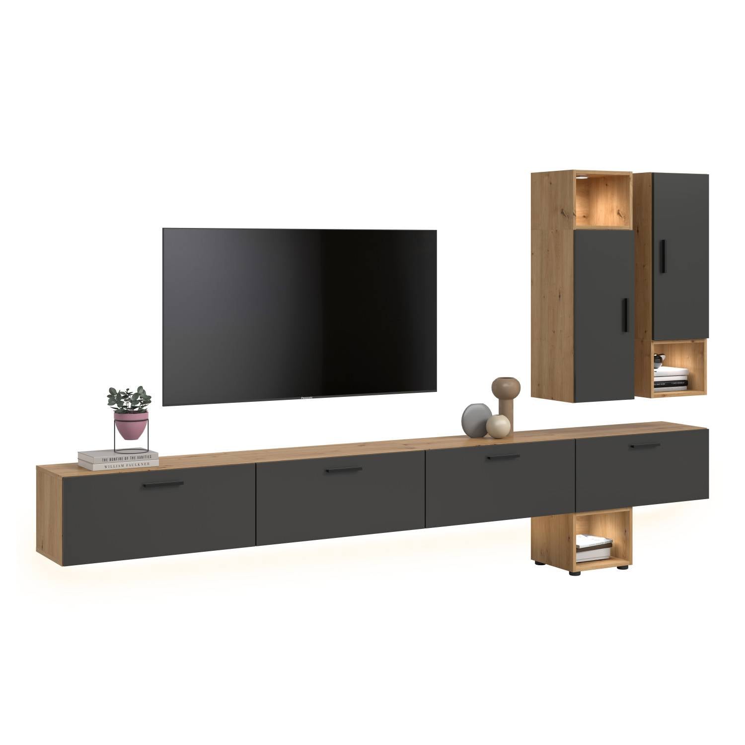 Moderne vierteilige Medienwand in schwebendem Design mit TV-Lowboard, Hängeschränken in Dunkelgrau und Holzoptik – Estoron