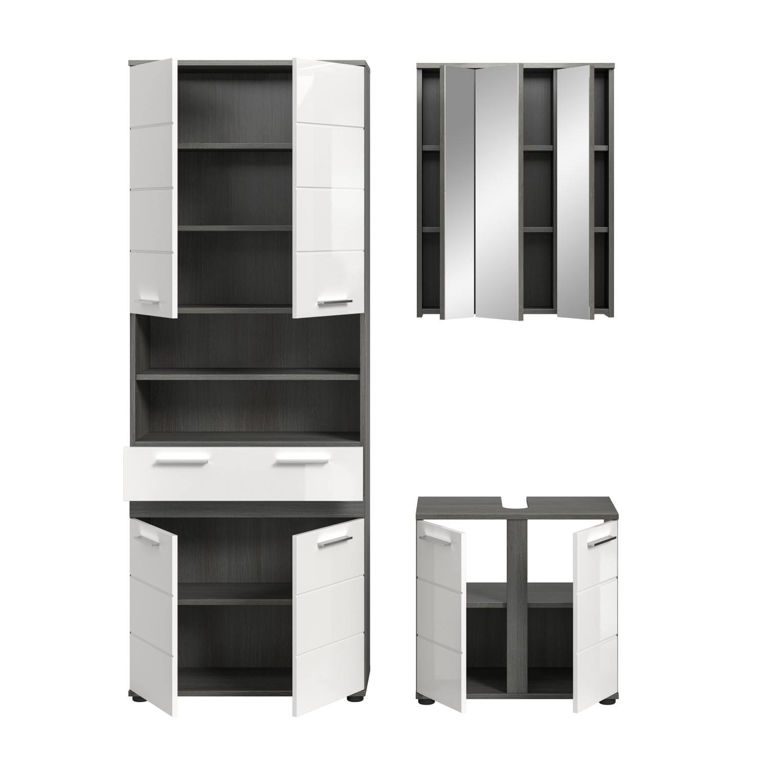 Waschplatz Set mit offenen Türen und Schubladen, Stauraumfächern im Hochschrank, Spiegelschrank und Unterschrank – Chapan