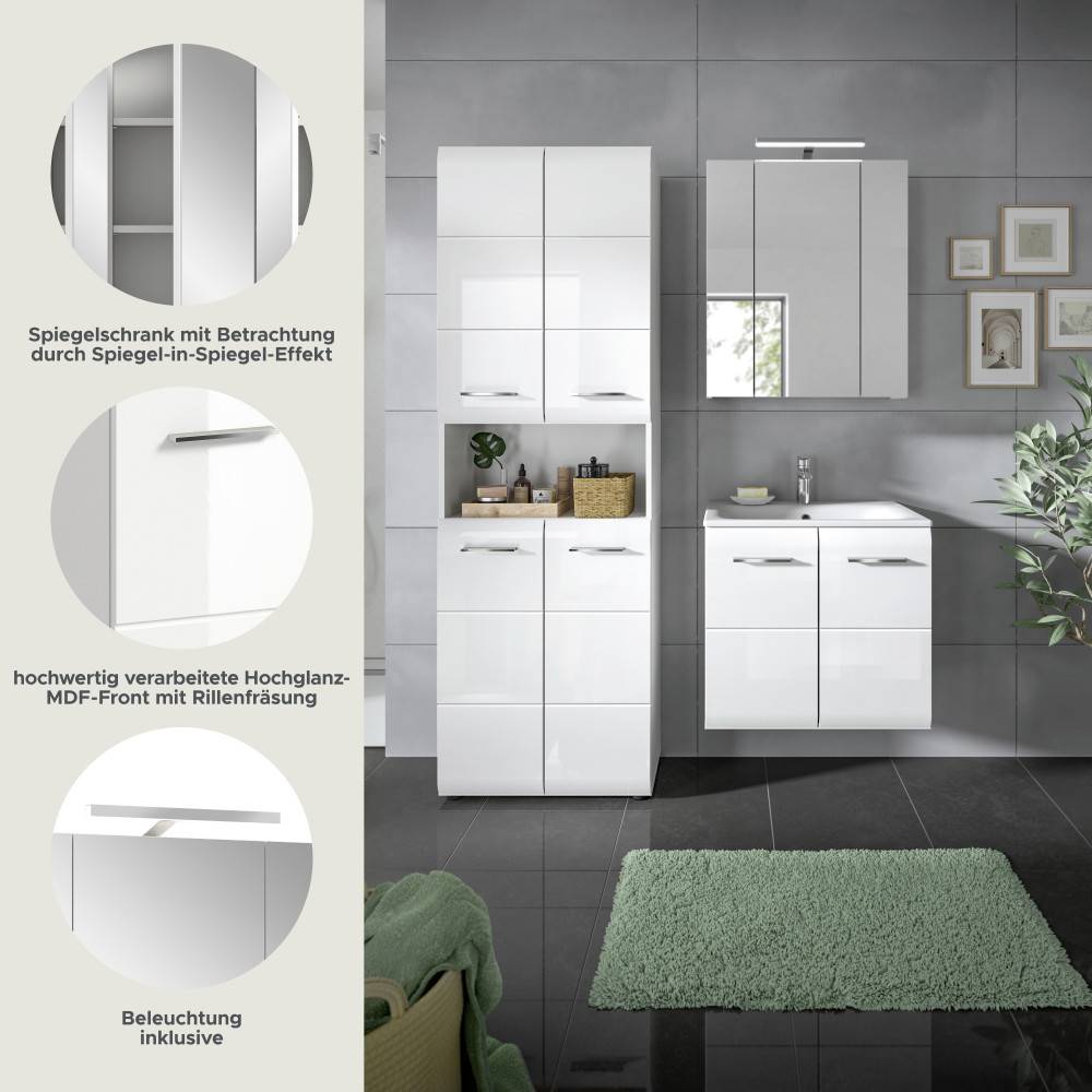 Spiegelschrank mit Beleuchtung, Spiegel-in-Spiegel-Effekt und hochwertige Hochglanz MDF-Front – Clona