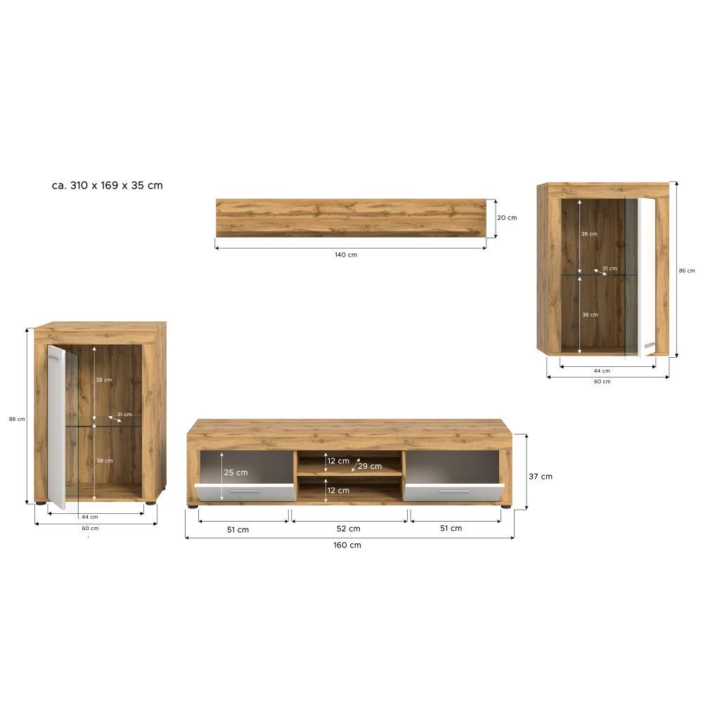 Vierteilige Wohnzimmerwand mit Vitrinen Maße und Abmessungen für Lowboard, Regal und Schränke – Jatiga