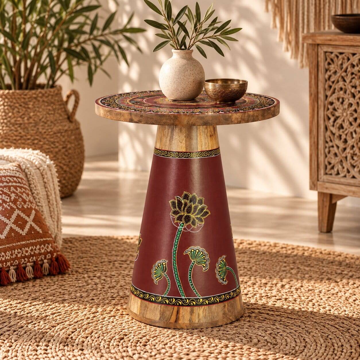 Design-Beistelltisch mit Buddah Motiv und weiteren attraktiven Mustern und Motiven