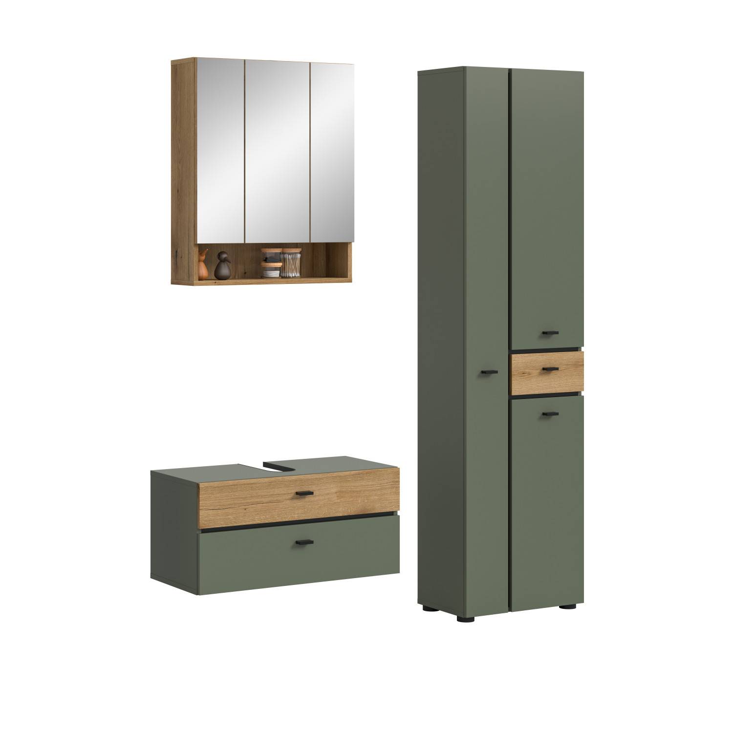 Dreiteiliges Badezimmermöbel Set in grün matt mit Spiegelschrank, Waschtischunterschrank und Hochschrank – Jubby