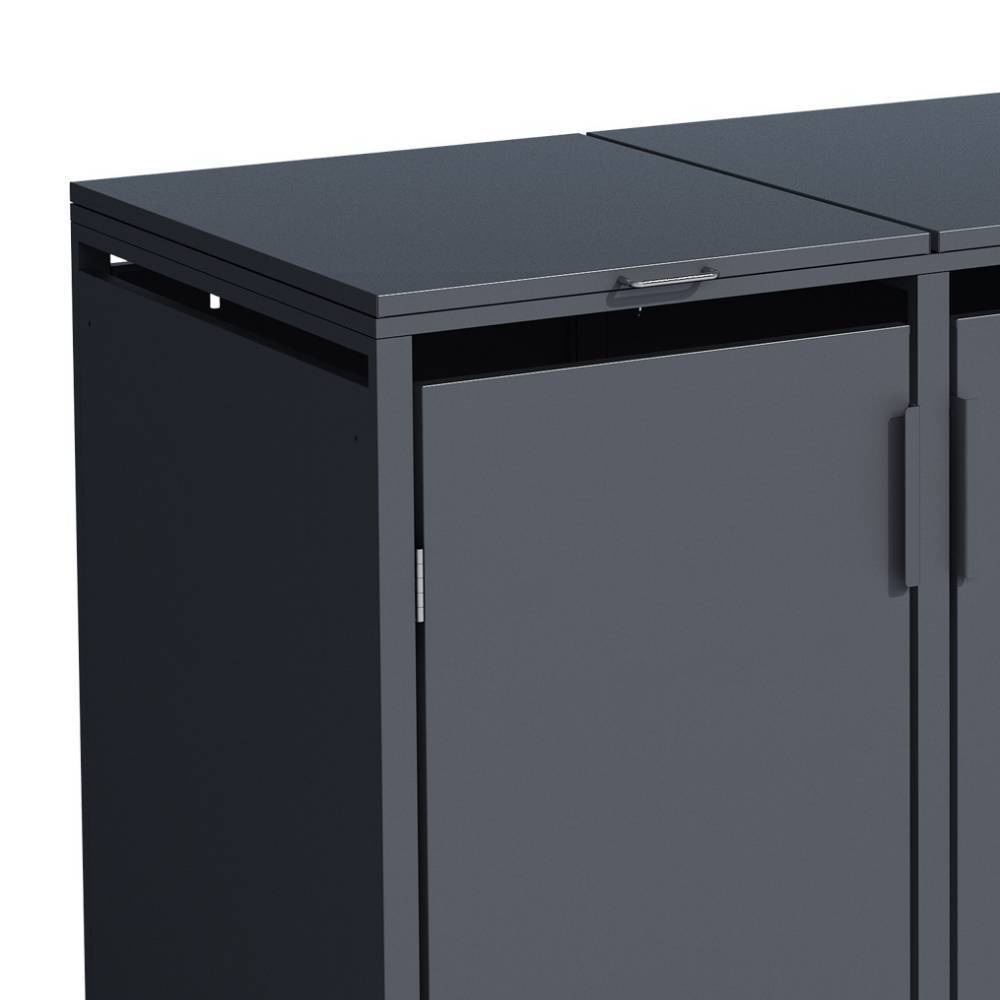 Dunkelgraue Mülltonnenbox mit Klappdeckel und Griff für drei Tonnen – Rilama