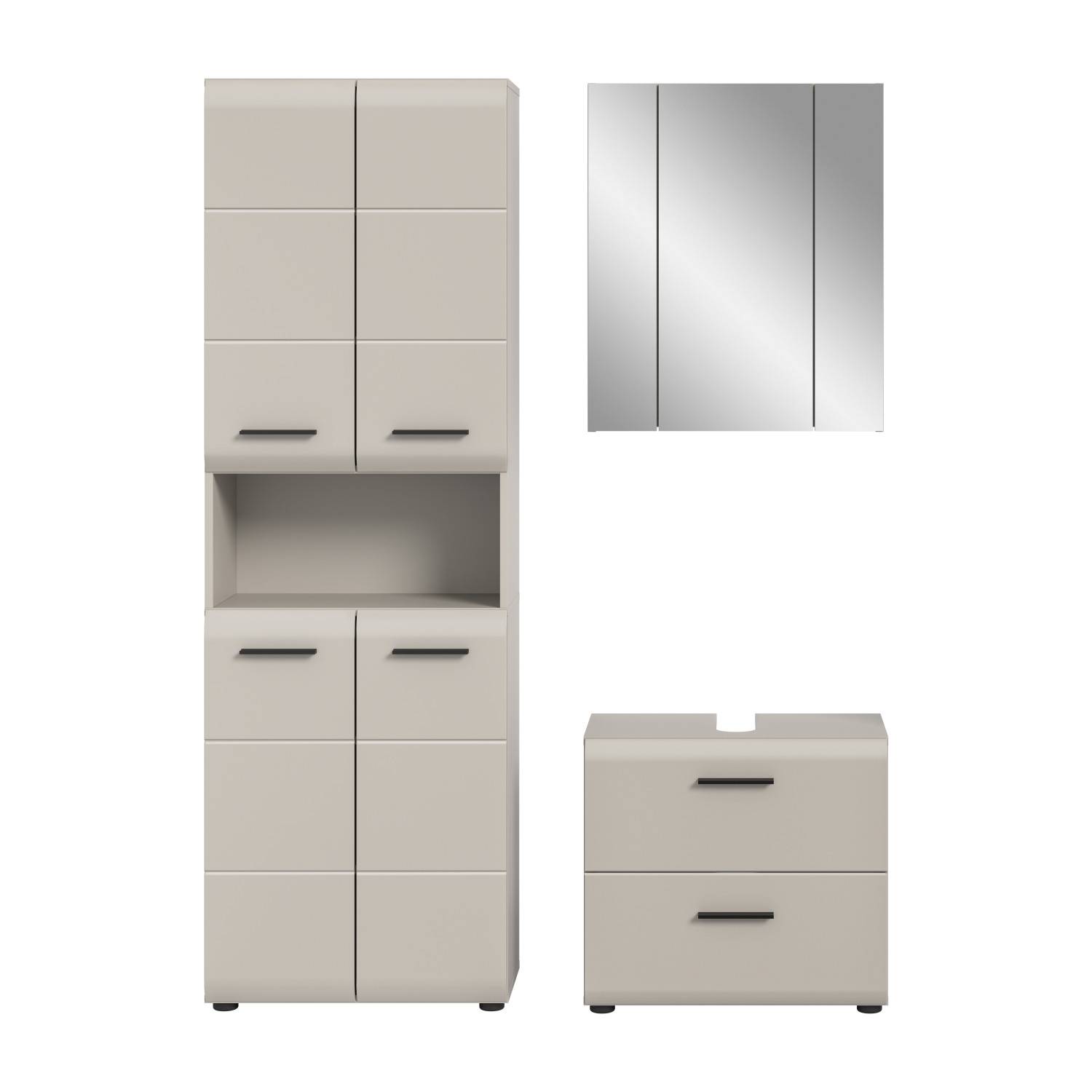 Beiges mattes dreiteiliges Waschplatz Set mit Hochschrank, Spiegelschrank und Waschtischunterschrank Frontalansicht – Donostia