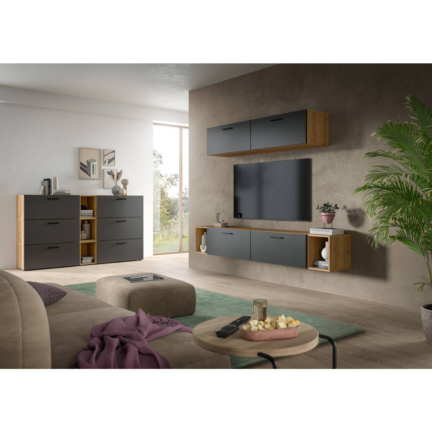 Komplette Wohnzimmerwand mit TV-Board, Hängeschrank und Sideboard in Anthrazit Holzoptik – Estoron