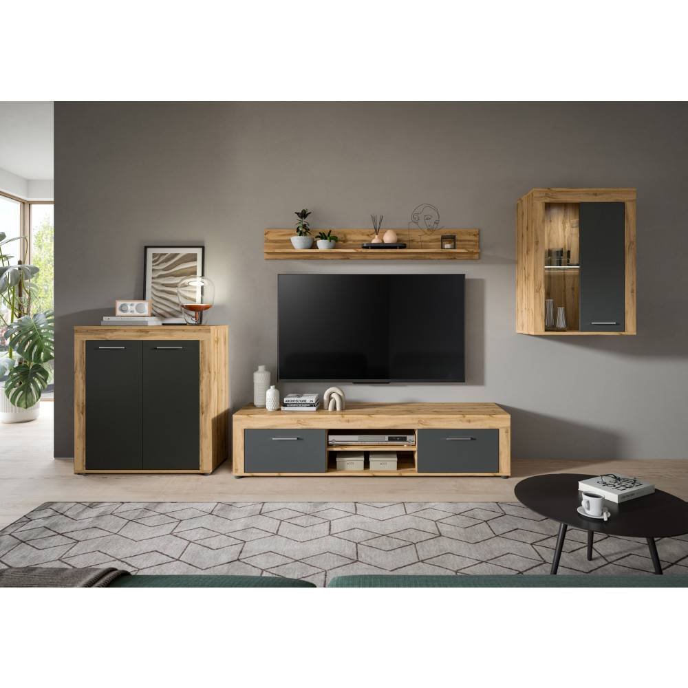 Vierteilige Wohnzimmer Anbauwand in Wotan Eiche und Grau mit TV-Möbel und Schränken – Josie