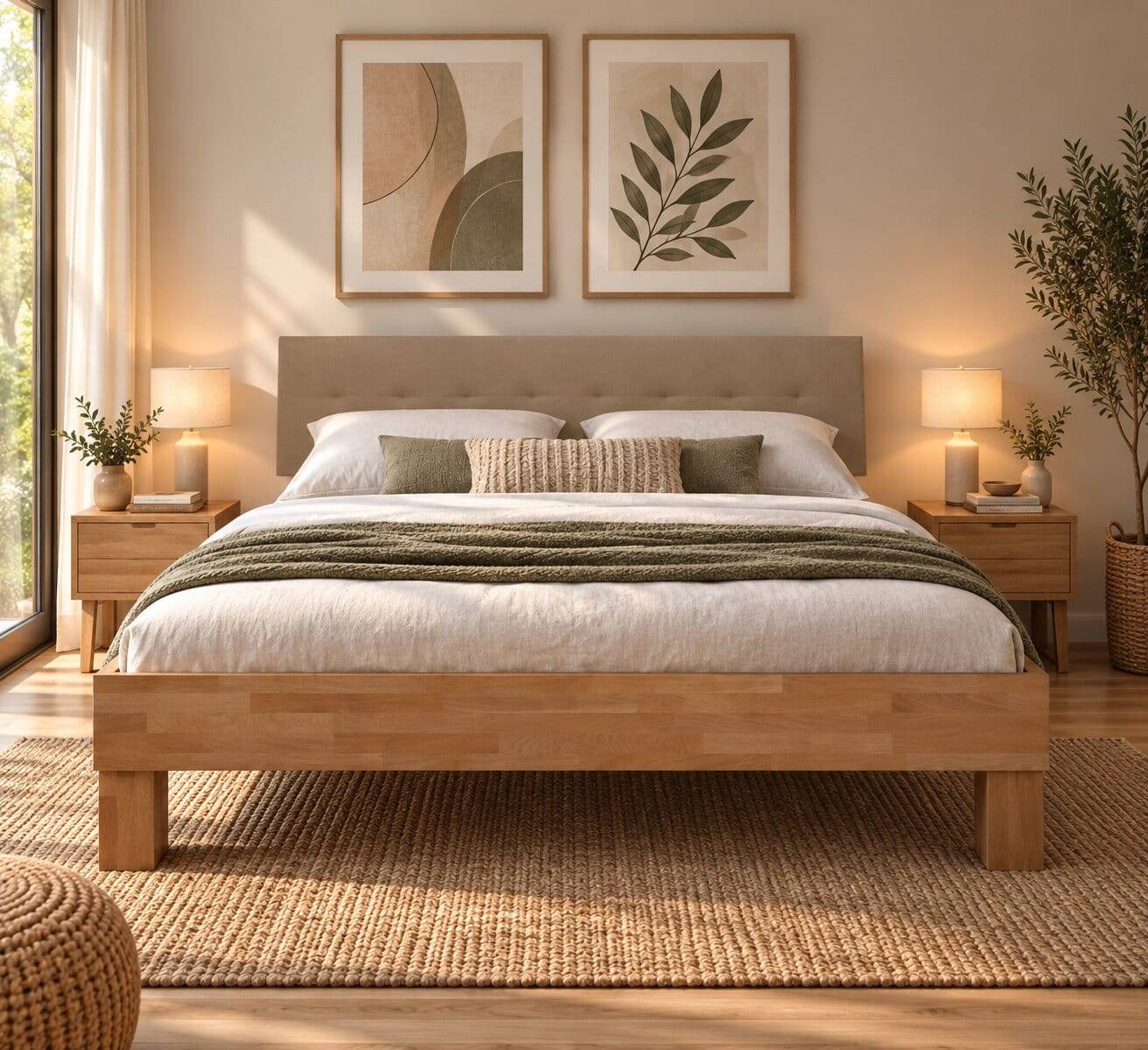 Holz Bett mit Polsterkopfteil Zalto in Buche natur und Beige