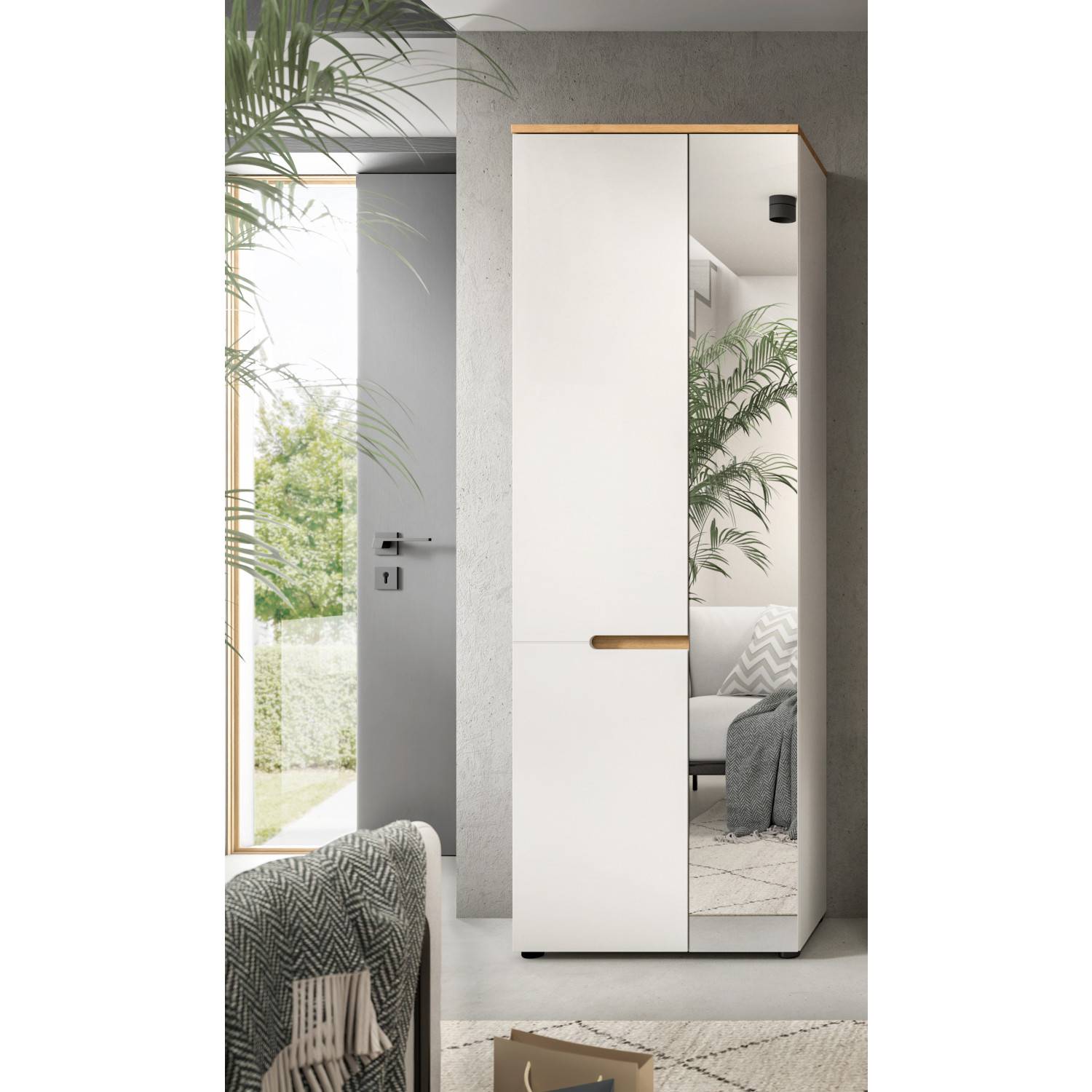 Eleganter weißer Garderobenschrank mit Spiegeltür und Holzgriff, ideal für Eingangsbereich – Sandy