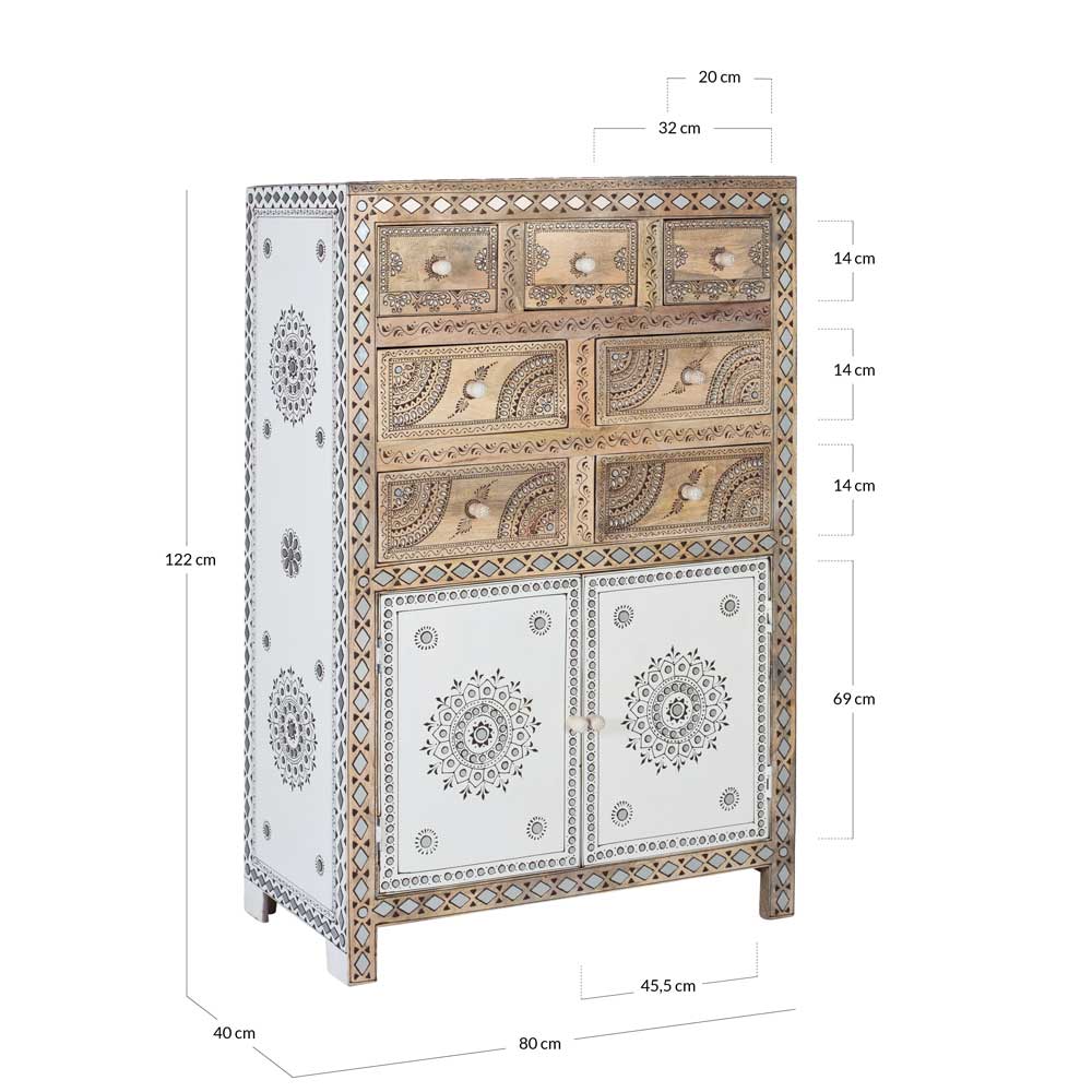 Design Highboard aus Mangoholz mit Maßen und Abmessungen, reich verziert – Magie