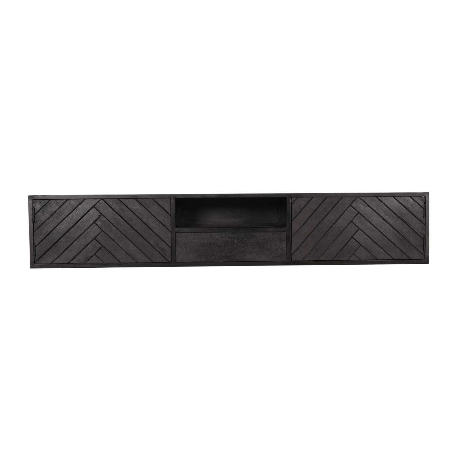 Schwarzes TV Lowboard mit Fischgrätmuster, offener Ablage und Schublade – Lida