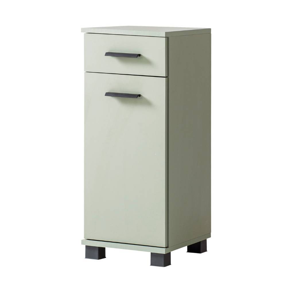 Schmaler Badezimmerhochschrank in Graugrün mit Tür und Schublade – Casimir