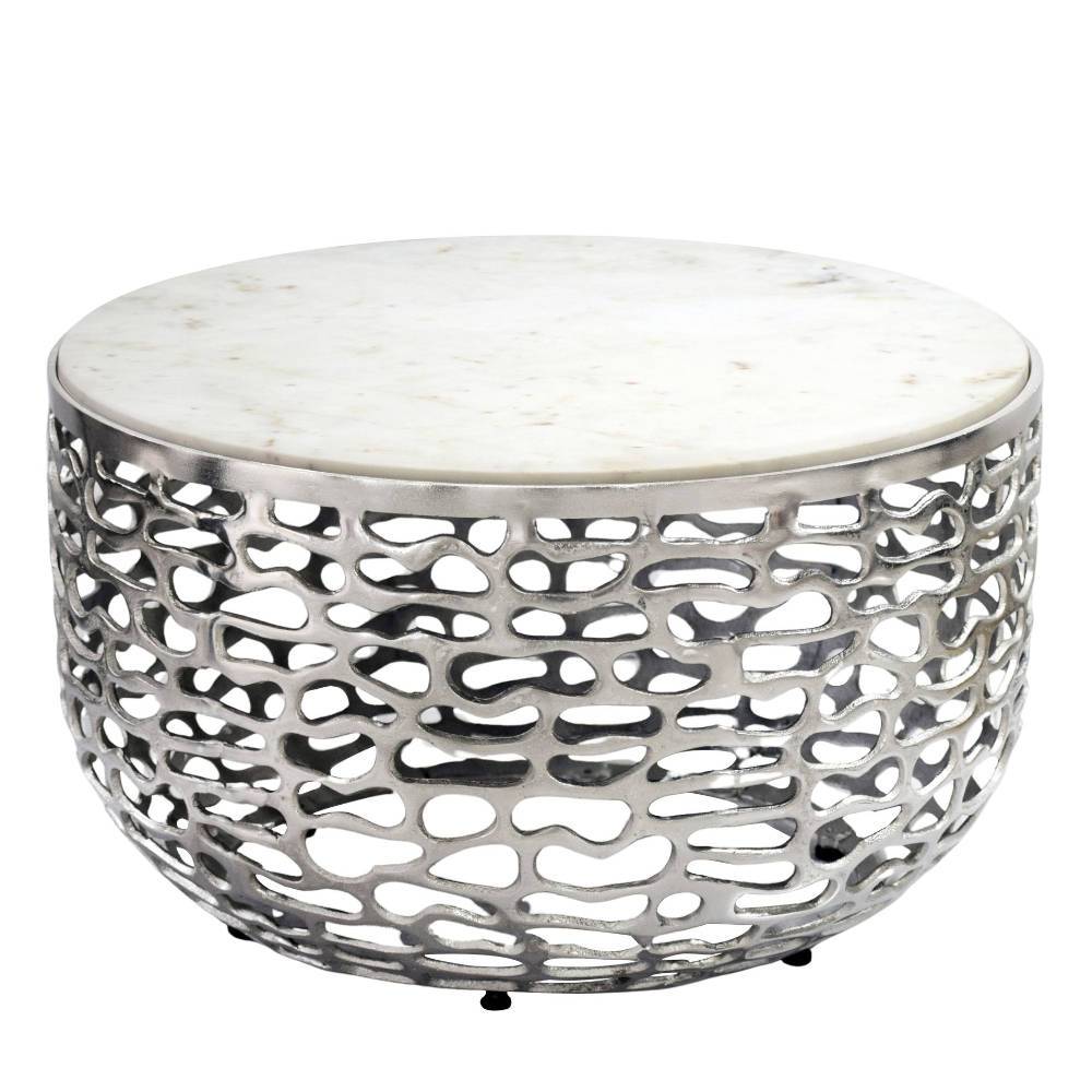 Runder Marmor Couchtisch mit elegantem durchbrochenem silberfarbenen Metall Untergestell  Piezara