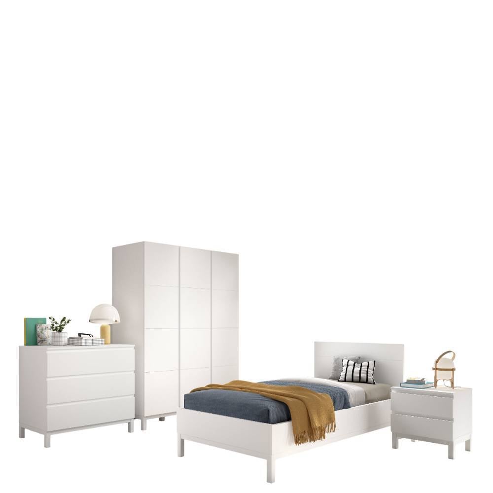 Weißes vierteiliges Jugendzimmer Set mit Bett, Kleiderschrank, Kommode und Nachttisch – Crocinol