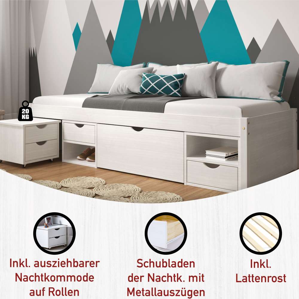 Massivholzbett Pradisio mit Stauraum