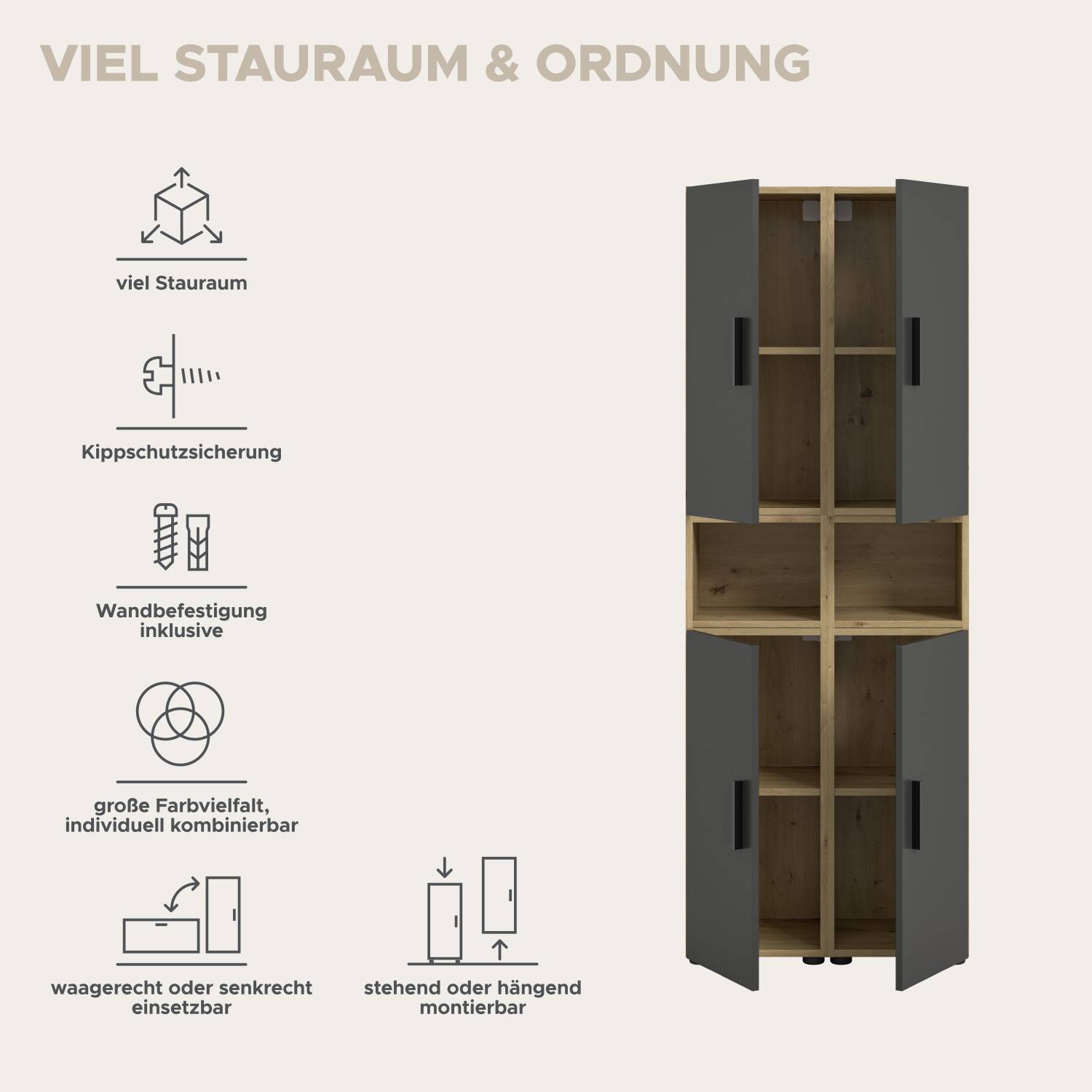 Schrankwand in Anthrazit und Holzoptik mit Funktions-Icons für Stauraum und flexible Montage – Estoron
