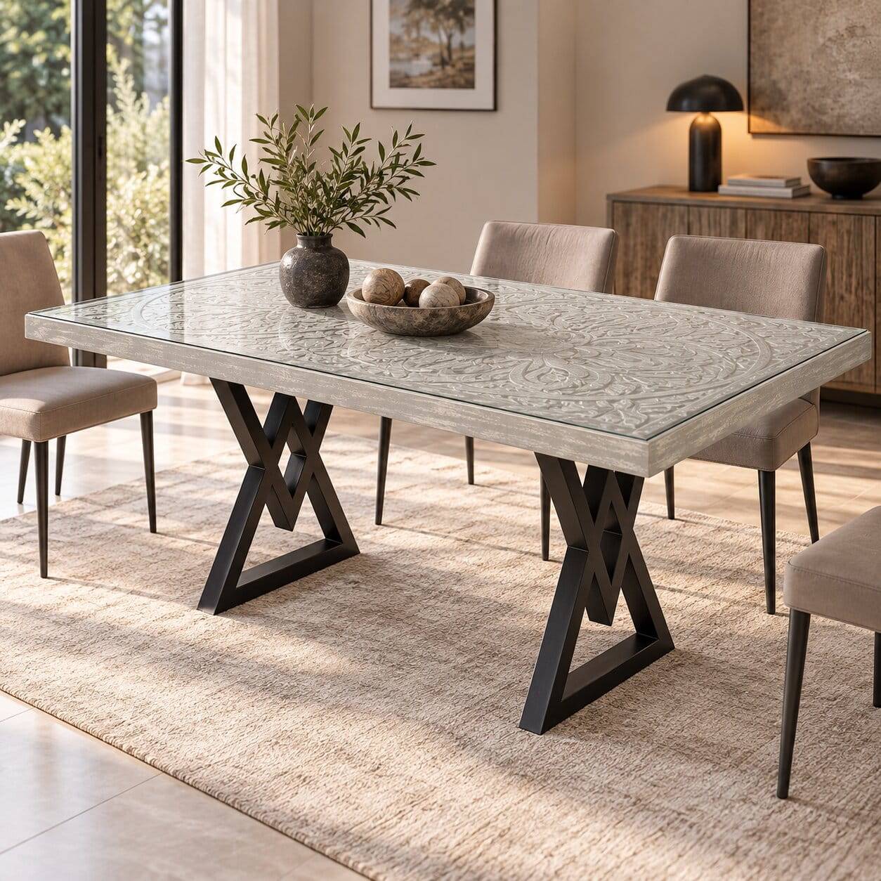 Design-Esstisch mit Ornament Schnitzereien - Lasewood