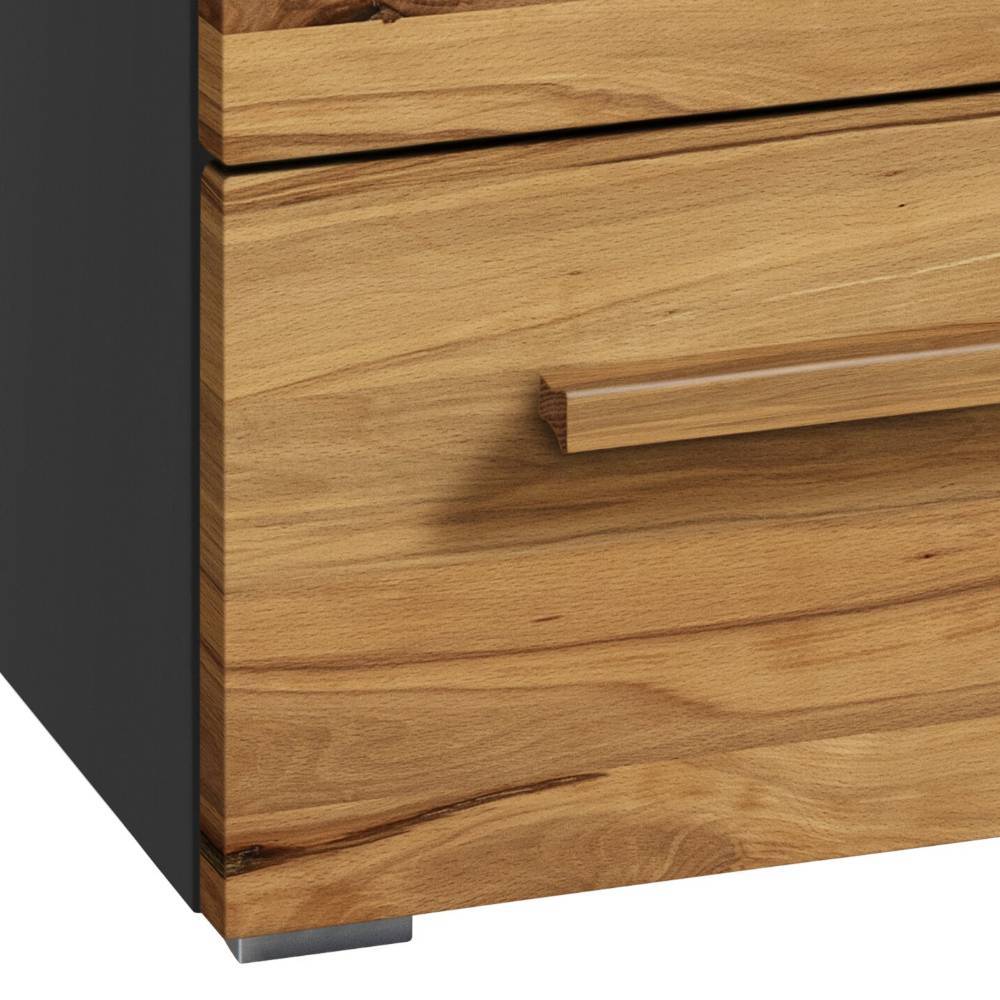 Holzschublade einer modernen Kommode mit dunkler Seitenwand und elegantem Metallfuß – Largo