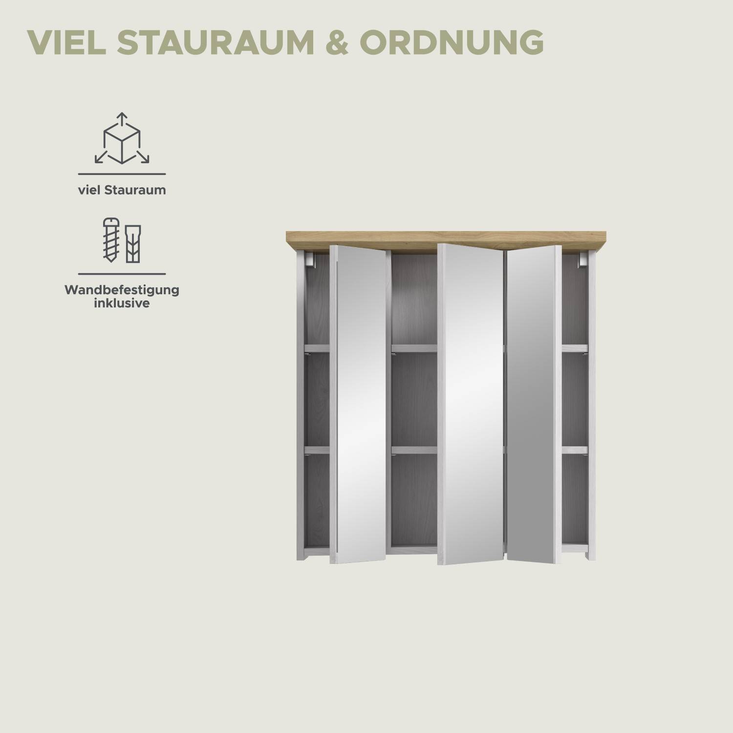 Badezimmerschrank mit Spiegelfront, viel Stauraum und praktischer Wandbefestigung inklusive – Tocella