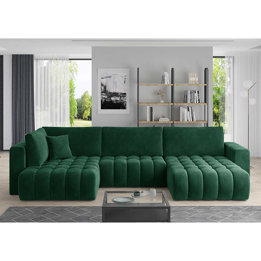 Wohnzimmer Bettcouch in Dunkelgrün - U-Form - Domago