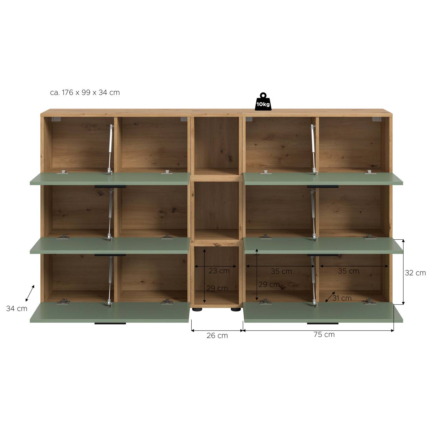 Maße und Abmessungen des grünen Wohnzimmer-Sideboards mit Holzrahmen-Optik – Jonni