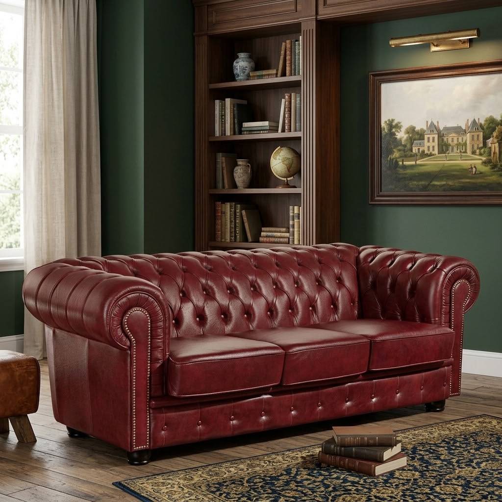 Chesterfield Couch in Dunkelrot Leder - Tuguda