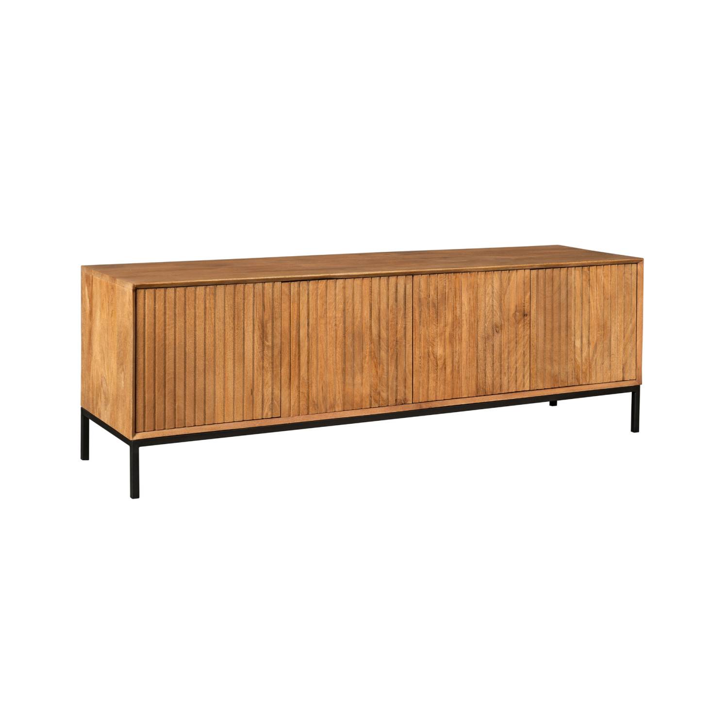 Langes Naturholz TV-Sideboard mit geriffelter Front und schwarzem Metallgestell – Kojas