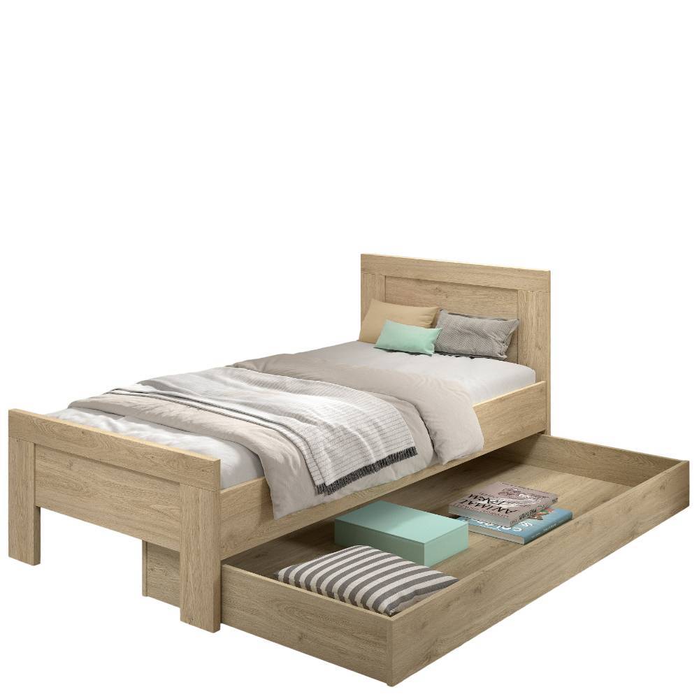 Modernes Einzelbett 90x200 in heller Holzoptik mit praktischem Bettkasten für Jugendzimmer – Choice