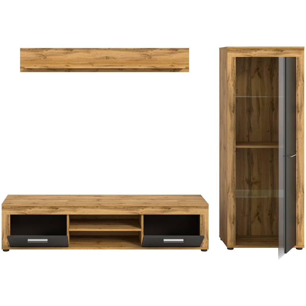Dreiteilige Anbauwand mit TV-Lowboard, Wandregal und Standvitrine in Eiche und Grau – Josie