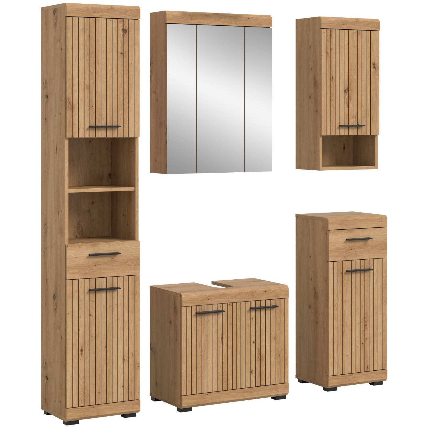 Fünfteiliges Badezimmer Möbelset in Holzoptik mit Rillenfräsung, freigestellt – Lasewood