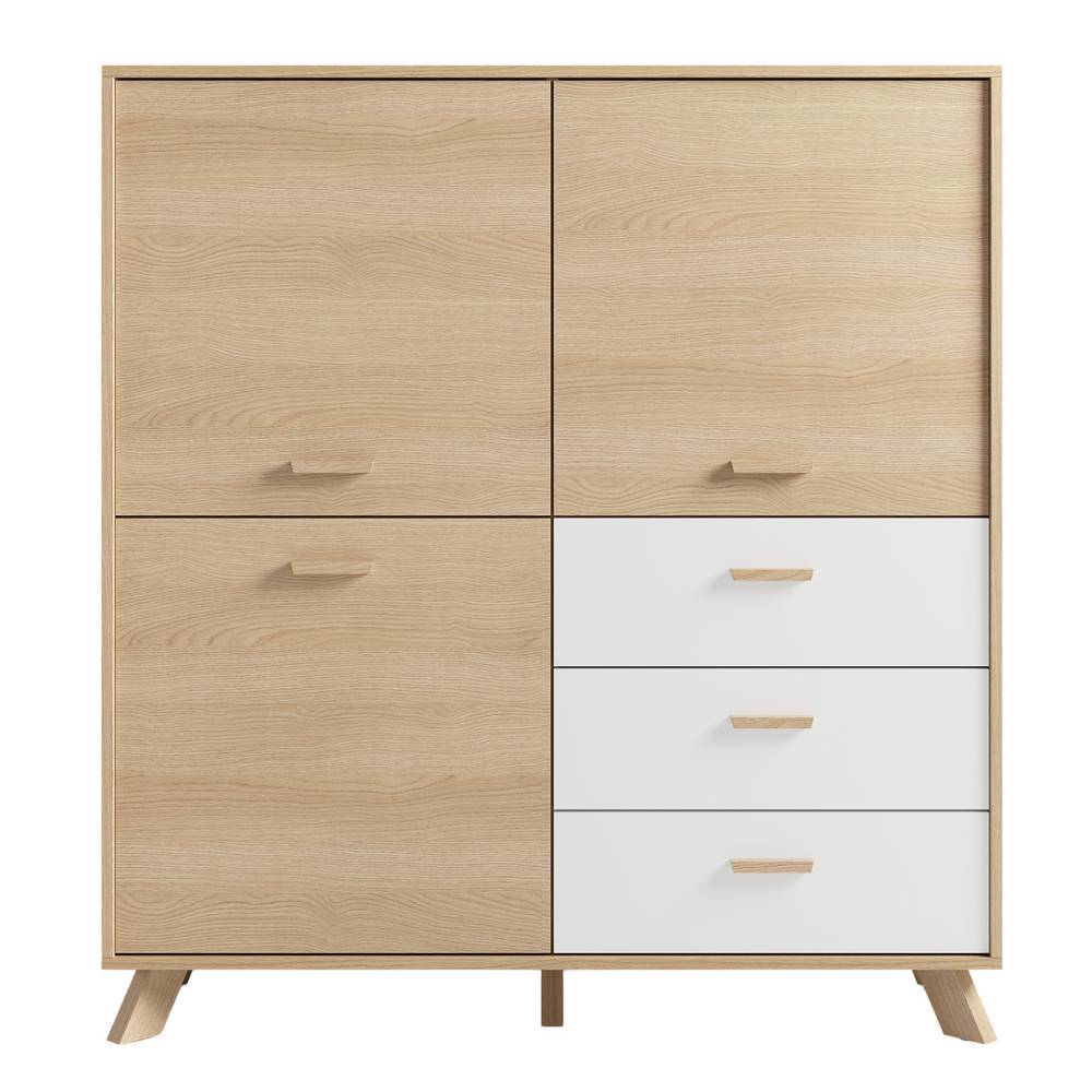 Modernes Kombi-Highboard in heller Holzoptik mit vier Türen und drei weißen Schubladen im Skandi Design – Demphis