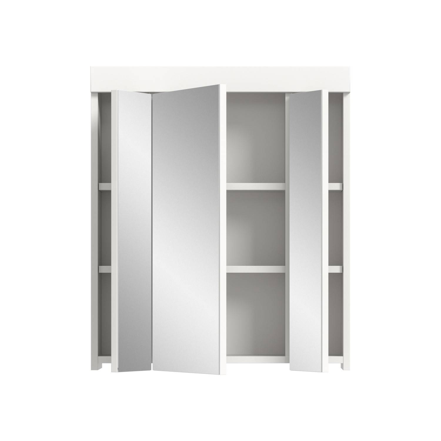 Weißer Badspiegelschrank mit geöffneten Spiegeltüren und sichtbaren Ablagefächern – Bruna