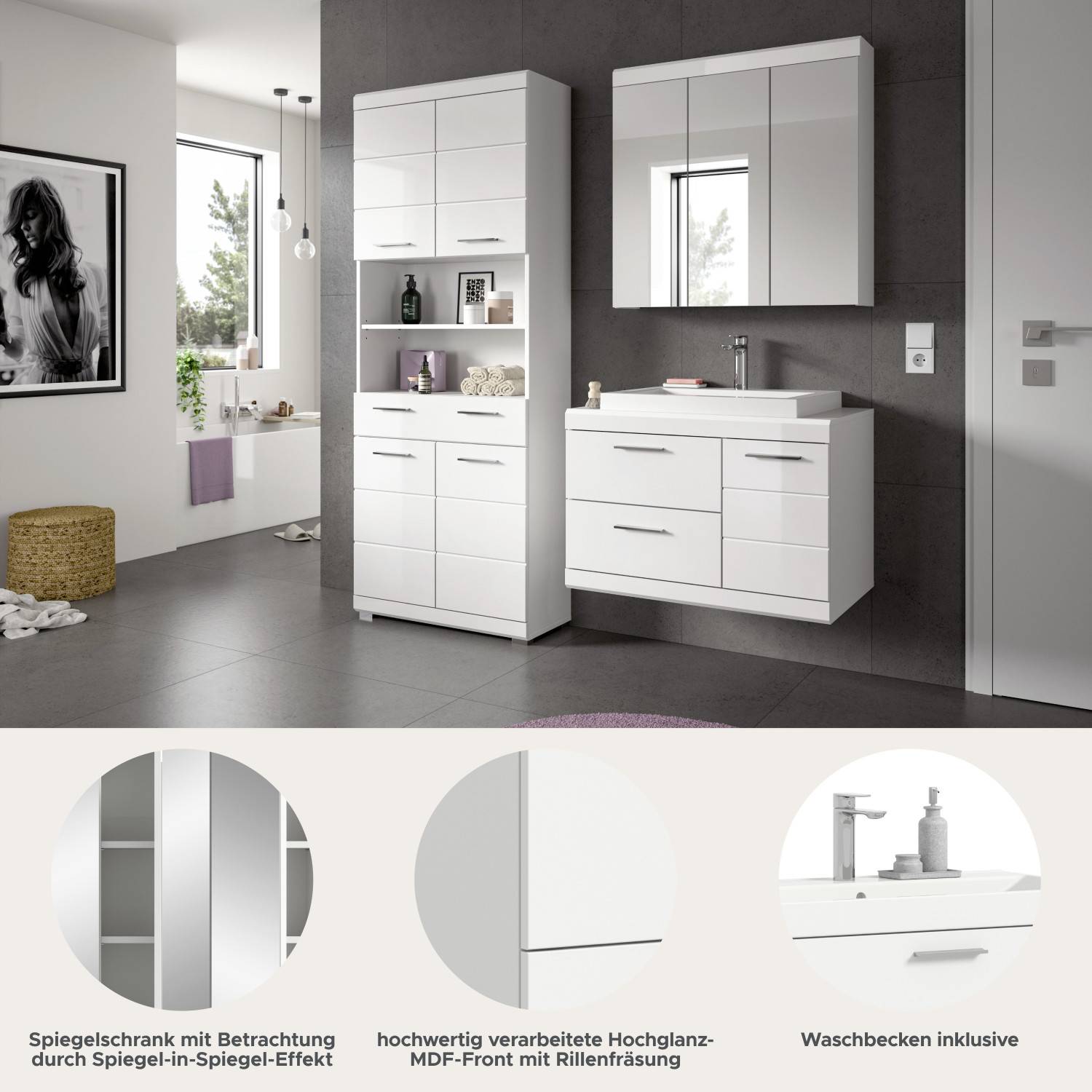 Detailansicht des dreiteiligen Waschplatz Sets mit Spiegelschrank, Rillenfräsung und Keramikwaschbecken – Nanila