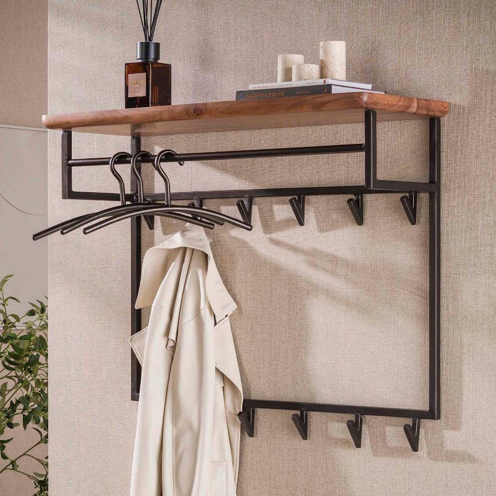Industrial Wandgarderobe aus Akazie Massivholz - Lagonn