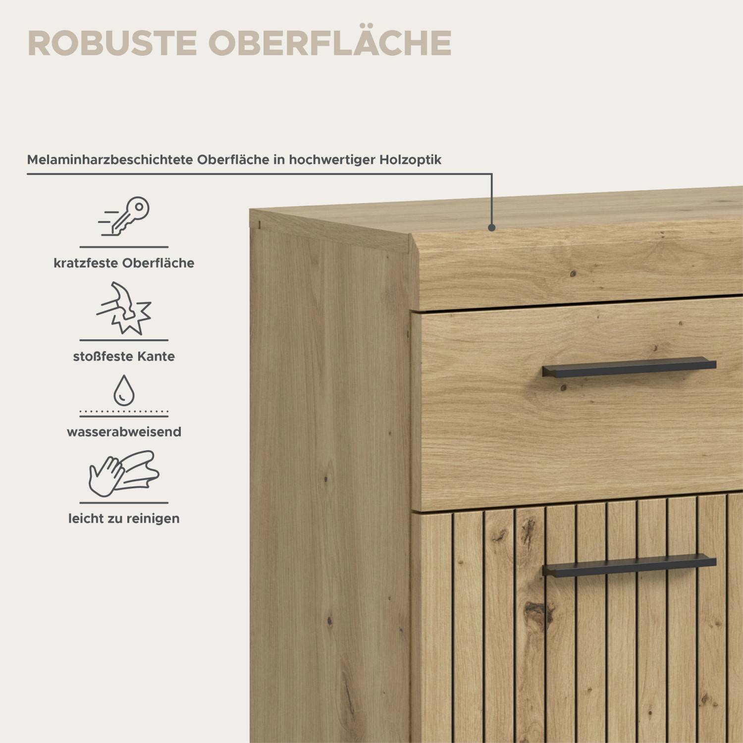 Robuste Melaminharzbeschichtung des Schranks Lasewood in Holzoptik, kratzfest und pflegeleicht – Lasewood