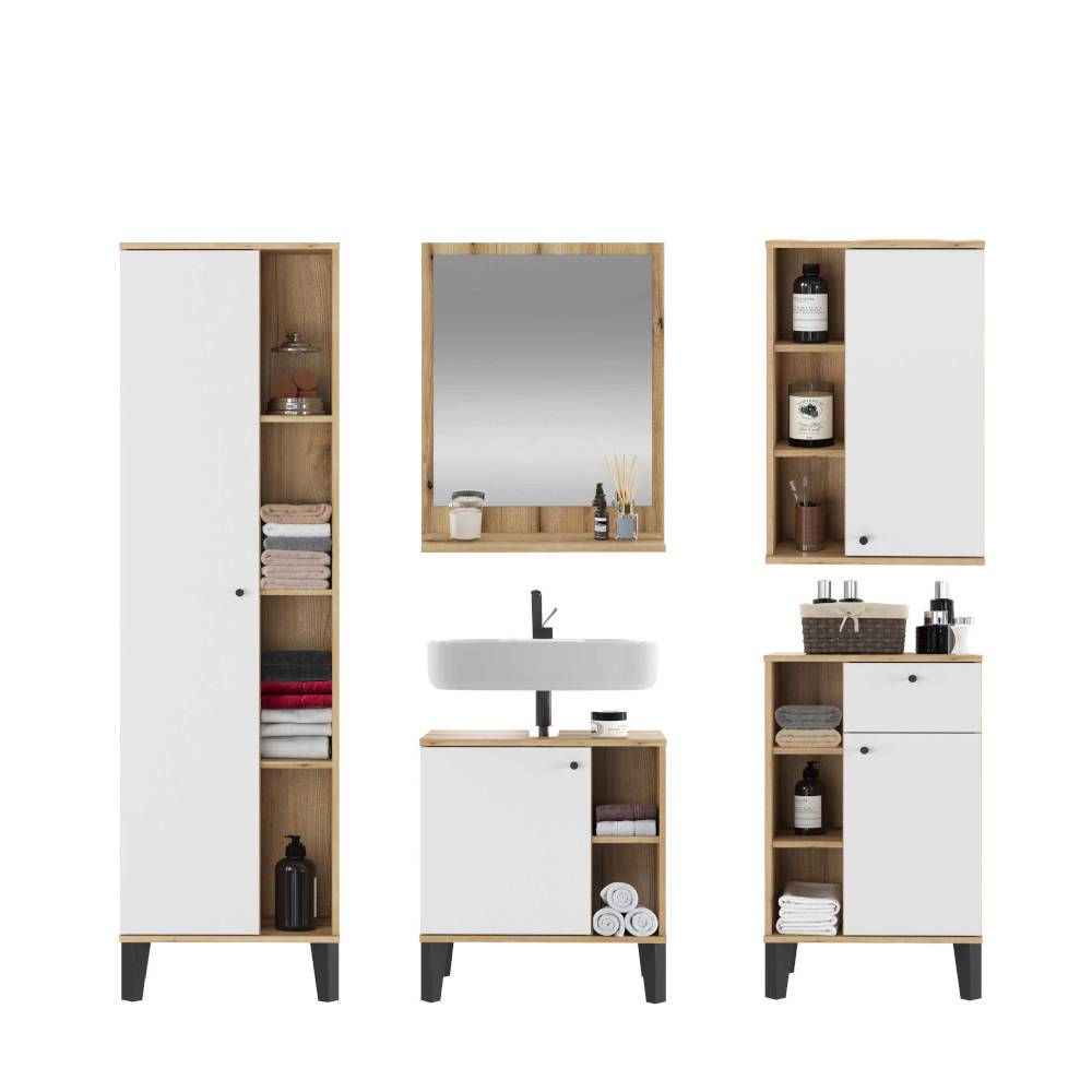 Komplettes 5-teiliges Badezimmer-Set in Holzoptik und Weiß mit Schränken und Spiegel – Naviron