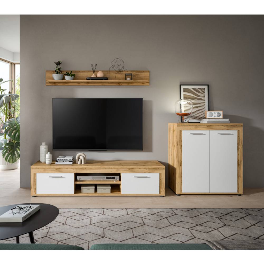 Wohnzimmer TV-Möbel mit Lowboard, Wandregal und Kommode in Eichendekor – Jatiga