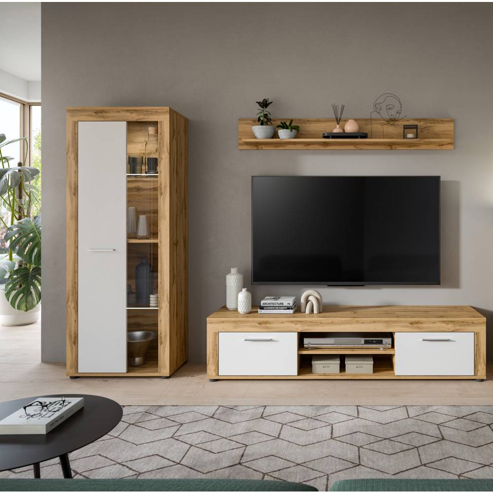 Moderne Wohnwand mit TV-Lowboard, Wandboard und Vitrinenschrank in Wotan Eiche und Weiß im Wohnzimmer – Jatiga