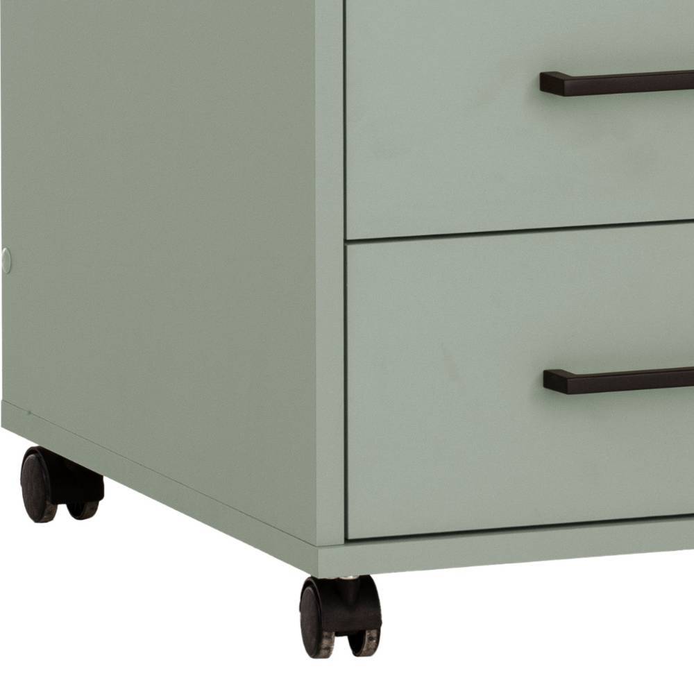 Unterer Bereich des graugrünen Büro-Rollcontainers mit schwarzen Rollen für leichte Mobilität – Izumy