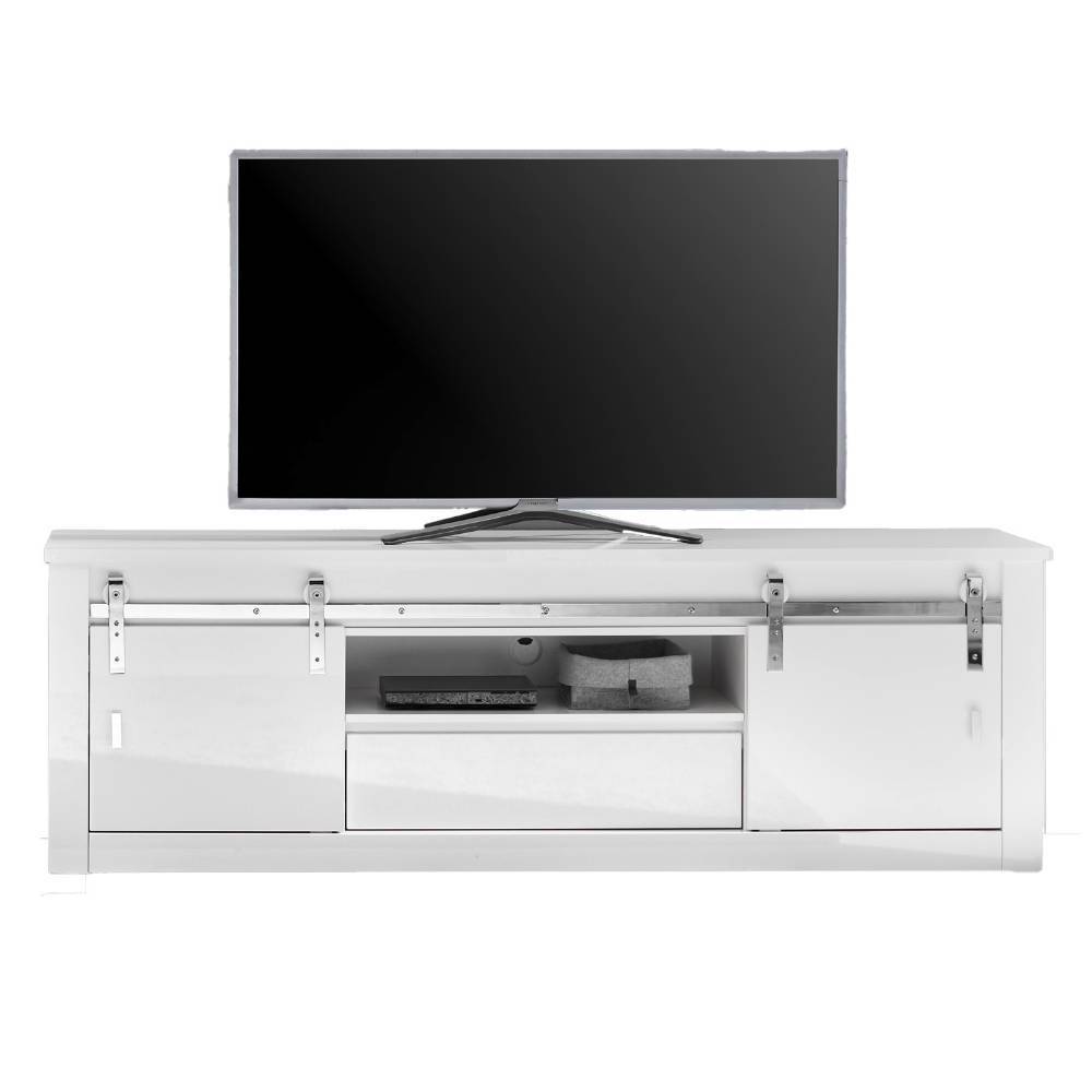 Weißes TV-Lowboard mit Flachbildfernseher, Schublade und Schiebetüren – Memphys