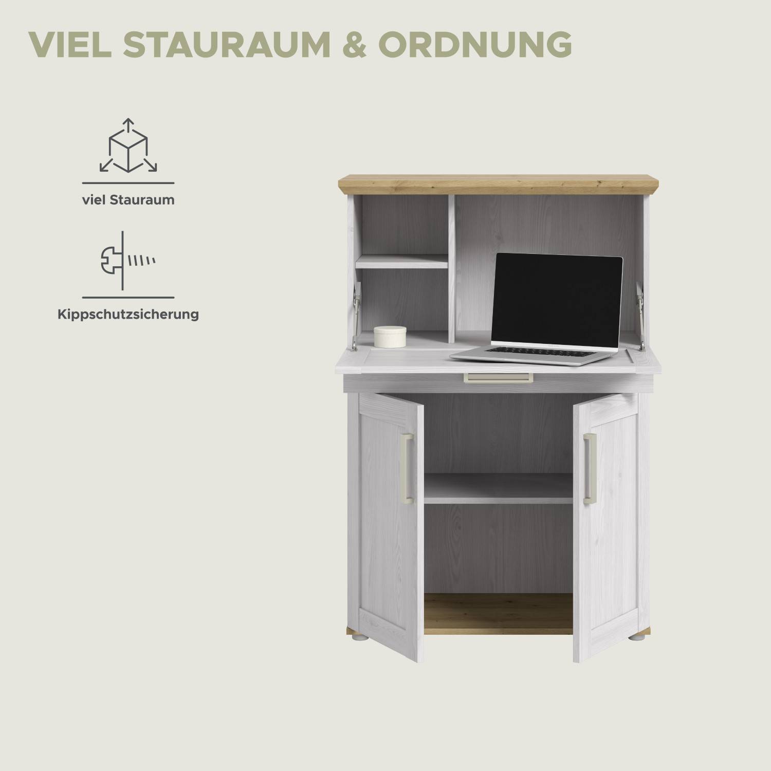Heller Schreibtisch Schrank mit viel Stauraum, Ordnungssystem und Kippschutzsicherung – Tocella