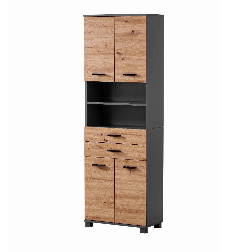 Hoher Badschrank mit geschlossenen Türen und Schubladen in Wildeiche Optik und Anthrazit – Plicardo