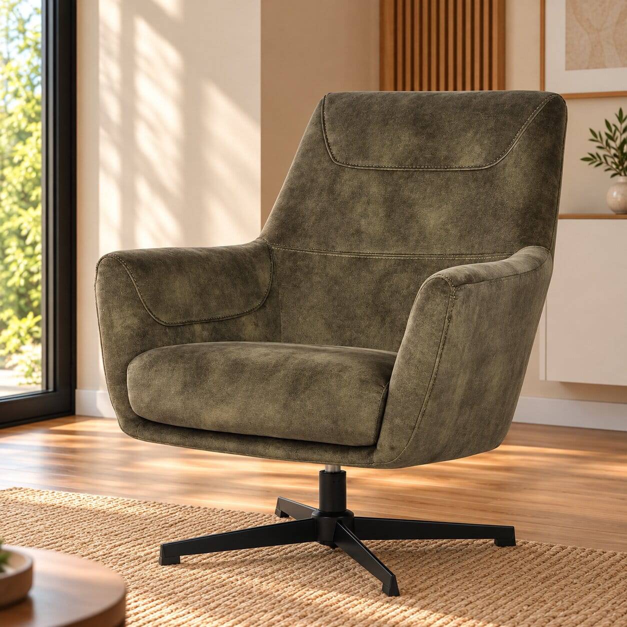 Wohnzimmer Velours Drehsessel in Dunkelgrün - Pluro