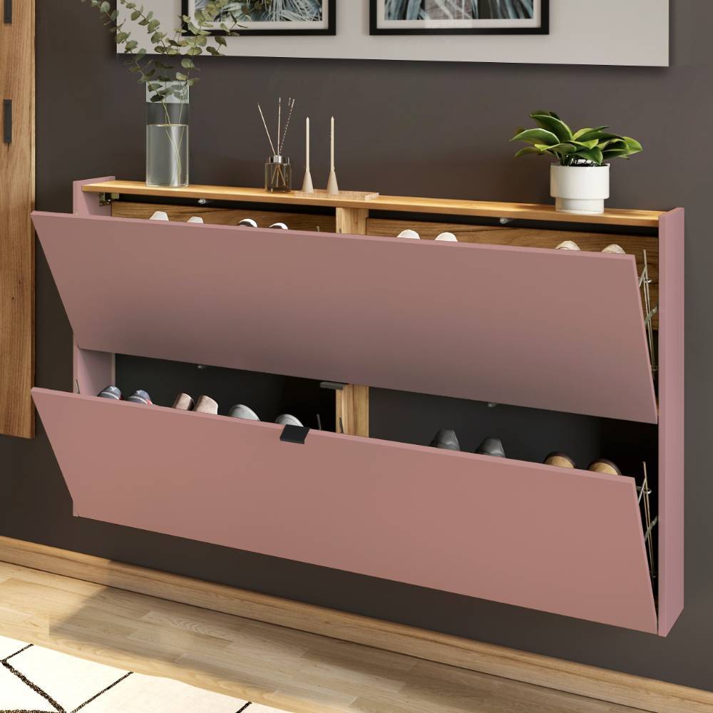 Schmale hängende Schuhkommode in Mauve mit geöffneten Klappen, gefüllt mit Schuhen im Flur – Point